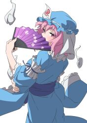 Rule 34 | 1girl, blue headwear, blue kimono, frilled headwear, frilled sleeves, frilled straps, frills, gyouza (mhea5724), hand fan, highres, holding, holding fan, japanese clothes, kimono, looking at viewer, looking back, pink hair, saigyouji yuyuko, solo, touhou, triangular headpiece, white background