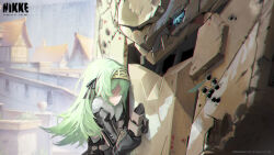 Rule 34 | 1girl, absurdres, artist request, black gloves, black ribbon, closed mouth, commentary, cropped, english commentary, faceless, faceless female, frown, gloves, goddess of victory: nikke, green hair, hair ribbon, hairband, highres, jacket, kilo (nikke), long hair, mecha, official art, outdoors, ribbon, robot, second-party source, snowing, standing, talos (nikke)