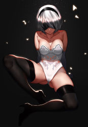Rule 34 | 1girl, bare shoulders, black background, black footwear, black hairband, black thighhighs, blindfold, breasts, cleavage, collarbone, covered eyes, elbow gloves, full body, gloves, hairband, high heels, highleg, highleg leotard, large breasts, leotard, lips, mole, mole under mouth, nier (series), nier:automata, shoes, short hair, sitting, solo, thigh strap, thighhighs, white gloves, white leotard, xiaoshou xiansheng, 2b (nier:automata)