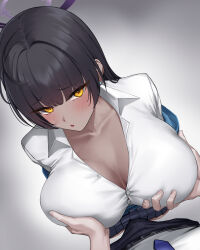 Rule 34 | 1boy, 1girl, absurdres, aoi riko, black hair, black pants, blue archive, blue cardigan, blue skirt, blush, breast fondle, breasts, bulge, cardigan, cleavage, collarbone, dark skin, erection, erection under clothes, halo, hetero, highres, jacket, karin (blue archive), large breasts, looking at viewer, open clothes, open jacket, pants, shirt, skirt, solo, white shirt, yellow eyes