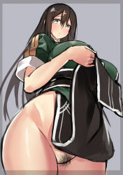 Rule 34 | 10s, 1girl, black hair, black skirt, breasts, brown hair, chikuma (kancolle), clothes lift, curvy, female focus, female pubic hair, green eyes, groin, highres, hip bones, huge breasts, jacket, kantai collection, large breasts, long hair, long skirt, looking at viewer, no panties, parted lips, pelvic curtain, pelvic curtain lift, pubic hair, pussy, short sleeves, side slit, skirt, skirt lift, solo, standing, takamura wamu, thick thighs, thighs, wide hips, yellow eyes