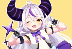 Rule 34 | 1girl, absurdres, create8, gloves, grey hair, highres, hololive, idol, la+ darknesss, looking at viewer, multicolored hair, one eye closed, open mouth, solo, streaked hair, virtual youtuber, yellow eyes