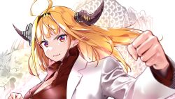 Rule 34 | 1girl, ahoge, alternate costume, arm up, blonde hair, blurry, blurry foreground, bow, breasts, cleavage, clenched hand, closed mouth, collared shirt, diagonal-striped bow, dragon, dragon girl, dragon horns, fang, hairband, highres, hololive, horn bow, horn ornament, horns, jacket, kiryu coco, large breasts, long hair, looking at viewer, multicolored hair, orange hair, pointy ears, red eyes, red shirt, ryuu ga gotoku (series), shirt, simple background, skin fang, streaked hair, upper body, v-shaped eyebrows, virtual youtuber, white background, white jacket, yuyaiyaui
