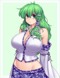 Rule 34 | 1girl, :&lt;, antenna hair, bare shoulders, breasts, cleavage, detached sleeves, frog hair ornament, green background, green eyes, green hair, groin, hair ornament, hair tubes, hater (hatater), highres, huge breasts, japanese clothes, kochiya sanae, long hair, looking at viewer, lowleg, lowleg skirt, midriff, miko, navel, pout, simple background, skirt, snake hair ornament, solo, touhou, upper body, wavy hair