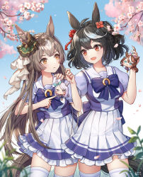 Rule 34 | 2girls, :d, absurdres, animal ears, black hair, blue bow, blurry, blurry background, blurry foreground, blush, bow, breasts, brown eyes, brown hair, character doll, cherry blossoms, commentary request, cowboy shot, doll, frilled skirt, frills, hair ornament, hand on another&#039;s shoulder, hands up, highres, holding, holding doll, horse ears, horse girl, horse tail, huge filesize, kasia0309, kitasan black (umamusume), long hair, looking at another, medium breasts, mejiro mcqueen (umamusume), multicolored hair, multiple girls, open mouth, pleated skirt, puffy short sleeves, puffy sleeves, purple shirt, red eyes, satono diamond (umamusume), school uniform, shirt, short sleeves, skirt, smile, standing, streaked hair, tail, thighhighs, tokai teio (umamusume), tracen school uniform, umamusume, very long hair, white hair, white skirt, white thighhighs