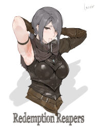Rule 34 | 1girl, armor, armpits, arms up, artist name, asymmetrical sleeves, belt, blush, breasts, brown eyes, brown gloves, chinese commentary, commentary request, english text, gloves, grey hair, hair over one eye, highres, jewelry, laserflip, long hair, looking at viewer, medium breasts, mouth hold, necklace, original, ponytail, ribbon, ribbon in mouth, signature, simple background, single sleeve, solo, sweat, upper body, white background