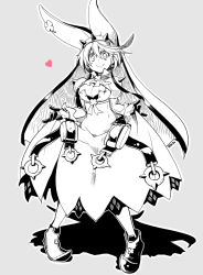 Rule 34 | 1girl, bad id, bad pixiv id, belt, breasts, cleavage, curtsey, dress, elphelt valentine, gloves, greyscale, guilty gear, guilty gear xrd, hat, heart, kuro yuzu, large breasts, monochrome, short hair, smile, solo