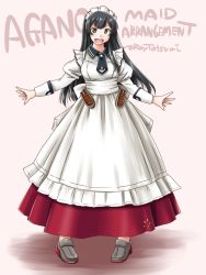 Rule 34 | 1girl, adapted costume, agano (kancolle), alternate costume, anchor symbol, apron, black hair, black necktie, character name, commentary request, enmaided, frilled apron, frills, full body, green eyes, grey legwear, kantai collection, loafers, long hair, long skirt, long sleeves, looking at viewer, maid, maid headdress, necktie, one-hour drawing challenge, open mouth, puffy sleeves, red skirt, shirt, shoes, skirt, smile, solo, standing, tatsumi ray, white apron, white shirt
