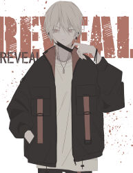 Rule 34 | 1boy, bracelet, earrings, english text, grey hair, hair between eyes, highres, jewelry, long shirt, looking at viewer, male focus, mask, midou 0r, monochrome, necklace, original, pale skin, shirt, solo, sweater, white background, white hair