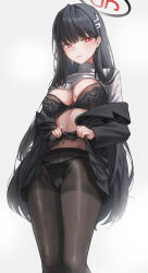 Rule 34 | 1girl, absurdres, black bra, black hair, black jacket, black panties, black pantyhose, black skirt, blue archive, bra, breasts, buttoned cuffs, buttons, cleavage, clothes lift, domi (hongsung0819), feet out of frame, hair between eyes, halo, highres, jacket, lace, lace-trimmed bra, lace trim, large breasts, legs together, lifted by self, long bangs, long hair, long sleeves, looking at viewer, miniskirt, navel, off shoulder, open clothes, open jacket, panties, pantyhose, pleated skirt, red eyes, ringed eyes, rio (blue archive), shirt, shirt lift, sidelocks, simple background, skirt, solo, stomach, straight hair, suit jacket, thong, underwear, white background, white shirt