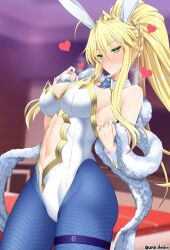 Rule 34 | 1girl, ahoge, animal ears, artoria pendragon (all), artoria pendragon (fate), artoria pendragon (swimsuit ruler) (fate), bare shoulders, blue necktie, blurry, blurry background, blush, braid, breasts, cleavage, closed mouth, clothing cutout, detached collar, fate/grand order, fate (series), fishnet pantyhose, fishnets, french braid, green eyes, hair between eyes, heart, highleg, highleg leotard, highres, large breasts, leotard, long hair, looking at viewer, navel, navel cutout, necktie, pantyhose, playboy bunny, ponytail, rabbit ears, sidelocks, smile, solo, thigh strap, thighs, tiara, unadon, white leotard, wrist cuffs