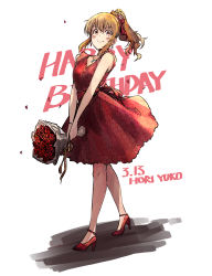 Rule 34 | 1girl, absurdres, brown hair, character name, closed mouth, dress, earrings, flower, formal, full body, hair ornament, happy birthday, high heels, highres, hori yuko, idolmaster, idolmaster cinderella girls, jewelry, long hair, looking at viewer, miyajo, necklace, ponytail, red dress, red flower, red footwear, red rose, rose, shadow, sleeveless, sleeveless dress, smile, standing, white background
