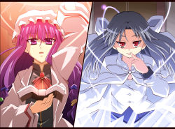 Rule 34 | 00s, 2girls, :o, ascot, blunt bangs, book, crossover, frills, hat, holding, holding book, long hair, long sleeves, looking at viewer, melty blood, mob cap, multiple girls, parted lips, patchouli knowledge, red eyes, shin&#039;ya (nanp), silver hair, split screen, touhou, tsukihime, type-moon, upper body, very long hair, white len (tsukihime)