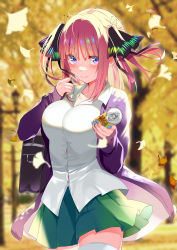 Rule 34 | 1girl, absurdres, autumn, autumn leaves, bag, blue eyes, blue nails, blurry, blurry background, blush, breasts, butterfly hair ornament, can, closed mouth, collared shirt, cowboy shot, day, depth charge, dress shirt, falling leaves, fingernails, frown, ginkgo tree, glint, go-toubun no hanayome, green skirt, hair ornament, highres, holding, holding can, jacket, large breasts, leaf, long fingernails, long sleeves, looking back, miniskirt, nail polish, nakano nino, open clothes, open jacket, outdoors, piyopoyo, pleated skirt, purple jacket, school bag, school uniform, shirt, sidelocks, skirt, sleeves past wrists, soda, solo, thighhighs, two side up, white thighhighs, zettai ryouiki
