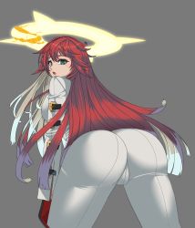Rule 34 | 1girl, aassddff, ass, broken halo, green eyes, grey background, guilty gear, guilty gear strive, halo, highres, jack-o&#039; valentine, looking back, multicolored hair, red hair, simple background, solo, white hair