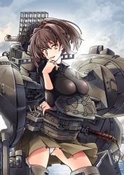 Rule 34 | 10s, 1girl, :d, bad id, bad pixiv id, bona hongcha, breast rest, breasts, brown eyes, brown hair, cannon, cloud, eyebrows, flight deck, hair ornament, hair ribbon, highres, impossible clothes, impossible shirt, ise (kancolle), kantai collection, katana, kneehighs, large breasts, long sleeves, looking at viewer, mecha musume, miniskirt, nontraditional miko, open mouth, panties, pantyshot, pleated skirt, ponytail, radar, ribbon, school uniform, shirt, short hair, skin tight, skirt, sky, smile, socks, solo, standing, sword, thighhighs, turret, undershirt, underwear, weapon, zettai ryouiki