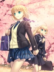 Rule 34 | 2girls, ahoge, artoria caster (fate), artoria pendragon (all), artoria pendragon (fate), bag, bare legs, black skirt, blonde hair, blue ribbon, blue tail, braid, bread, buttons, checkered clothes, checkered skirt, cherry blossoms, closed mouth, collar, commentary, eating, fate/grand order, fate/stay night, fate (series), floral background, flower, food, green eyes, hair ribbon, highres, holding, holding bag, jacket, long hair, long sleeves, multiple girls, pink flower, ribbon, saber (fate), school bag, school uniform, shirt, shoori (migiha), skirt, smile, sweater, tail, takeuchi takashi (style), tree, twintails, white shirt, white tail, yellow sweater