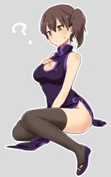 Rule 34 | 10s, 1girl, ?, alternate costume, between legs, black thighhighs, breasts, brown eyes, brown hair, cleavage, cleavage cutout, clothing cutout, hand between legs, ica, jpeg artifacts, kaga (kancolle), kantai collection, large breasts, side ponytail, side slit, solo, thighhighs