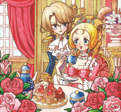 Rule 34 | 1boy, 1girl, aiguillette, ascot, blonde hair, blue eyes, blue jacket, bow, cup, cupcake, curtains, dress, earrings, epaulettes, flower, food, fruit, hans axel von fersen, holding, holding cup, holding saucer, indoors, jacket, jewelry, leaning forward, long hair, long sleeves, looking at another, marie antoinette (versailles no bara), meremero, open mouth, pink bow, pink dress, pink flower, pink rose, plate, princess, red flower, red rose, rose, saucer, sitting, smile, spoon, standing, strawberry, table, teacup, teapot, third-party source, tiara, traditional media, versailles no bara, white ascot, window