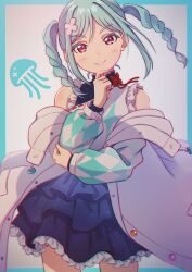 Rule 34 | 1girl, aqua hair, argyle, argyle clothes, argyle sleeves, blue border, blush, border, braid, buttons, commentary, commentary request, dress, english commentary, frills, gradient dress, grey background, hair ornament, hajimari wa kimi no sora, highres, jacket, long hair, long sleeves, looking at viewer, love live!, love live! superstar!!, macken, mixed-language commentary, onitsuka tomari, open clothes, open jacket, red eyes, sidelocks, simple background, sleeveless, sleeveless dress, smile, solo, twin braids, twintails, upper body, white jacket