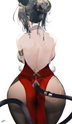 Rule 34 | 1girl, alternate costume, animal ears, arknights, ass, back, backboob, backless outfit, bare back, bare shoulders, black hair, black pantyhose, breasts, cat ears, cat girl, cat tail, clothing cutout, cowboy shot, dress, ear piercing, hair bun, highres, large breasts, leaning forward, omone hokoma agm, pantyhose, pelvic curtain, piercing, red dress, schwarz (arknights), short hair, signature, simple background, single hair bun, solo, tail, tail ornament, tail through clothes, white background