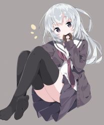 Rule 34 | 1girl, black thighhighs, blush, brown neckerchief, cardigan, commentary request, doughnut, eating, food, grey background, grey cardigan, grey skirt, highres, holding, holding food, knees up, long hair, long sleeves, looking at viewer, neckerchief, no shoes, notice lines, open cardigan, open clothes, original, pleated skirt, purple eyes, sailor collar, school uniform, serafuku, shirt, silver hair, simple background, skirt, sleeves past wrists, soles, solo, tantan men (dragon), thighhighs, very long hair, white sailor collar, white shirt
