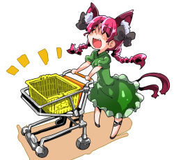 Rule 34 | :d, ;3, ^ ^, animal ears, bow, braid, cat ears, cat tail, closed eyes, dress, extra ears, closed eyes, fang, green dress, hair bow, kaenbyou rin, multiple tails, nekomata, one eye closed, open mouth, red hair, shinapuu, shopping cart, smile, solo, tail, touhou, twin braids