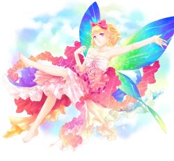 Rule 34 | 1girl, absurdres, bad id, bad pixiv id, bare shoulders, barefoot, blonde hair, bow, butterfly wings, collarbone, dress, hair bow, hair ribbon, highres, insect wings, legs, multicolored wings, original, ribbon, sapphirez39, short hair, smile, solo, strapless, strapless dress, wings