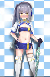 Rule 34 | 1girl, bandeau, black gloves, blue bandeau, blue skirt, blush, boots, checkered background, closed mouth, cosplay, cropped jacket, feet out of frame, gloves, gotland (kancolle), gotland (kancolle) (cosplay), grey hair, hand on own hip, headphones, high heel boots, high heels, holding, holding umbrella, jacket, kantai collection, kasumi (kancolle), long hair, navel, race queen, sasakura (calicchio), short sleeves, side ponytail, skirt, solo, thigh strap, thighhighs, umbrella, white footwear, white jacket, yellow eyes