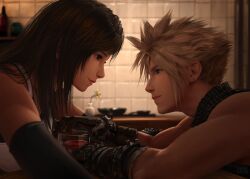 Rule 34 | 1boy, 1girl, absurdres, alcohol, bare shoulders, black gloves, black hair, black sports bra, blonde hair, blue eyes, breasts, close-up, closed mouth, cloud strife, commentary, couple, cup, earrings, elbow gloves, english commentary, eye contact, final fantasy, final fantasy vii, final fantasy vii remake, fingerless gloves, flower, from side, gloves, highres, holding, holding cup, indoors, jewelry, large breasts, lips, long hair, looking at another, plant, potted plant, profile, red eyes, safaia, single earring, sleeveless, sleeveless turtleneck, smile, spiked hair, sports bra, stud earrings, sweater, swept bangs, tank top, tifa lockhart, turtleneck, turtleneck sweater, upper body, white tank top, yellow flower