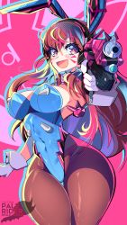 Rule 34 | adapted costume, alternate costume, animal ears, artist name, blue leotard, breasts, brown hair, brown pantyhose, covered navel, d.va (overwatch), detached collar, facepaint, facial mark, fake animal ears, gun, handgun, highres, large breasts, leotard, long hair, looking at viewer, open mouth, overwatch, pale rider (paleriderz), pantyhose, pink background, pink eyes, pink lips, playboy bunny, rabbit ears, signature, strapless, strapless leotard, swept bangs, thighs, twitter username, weapon, whisker markings, wrist cuffs