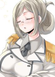 Rule 34 | 1girl, black necktie, breasts, brown hair, buttons, closed eyes, commentary request, crossed arms, double-breasted, epaulettes, folded ponytail, glasses, highres, kantai collection, katori (kancolle), large breasts, military, military uniform, necktie, open mouth, parted bangs, rimless eyewear, simple background, solo, takomeshi, uniform, upper body, white background