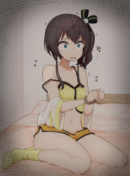 Rule 34 | 1girl, absurdres, bound, bound arms, brown hair, green eyes, hair between eyes, highres, hololive, lunch boxer, natsuiro matsuri, natsuiro matsuri (matsuri&#039;s day off), on bed, open mouth, shorts, side ponytail, socks, solo, tagme, tearing up, thighs, virtual youtuber, wide-eyed, yellow shorts, yellow socks