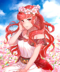 Rule 34 | 1girl, bare shoulders, belt, blue sky, celica (fire emblem), cloud, commentary request, day, earrings, field, fire emblem, fire emblem echoes: shadows of valentia, flower, flower field, hand on own cheek, hand on own face, haru (nakajou-28), head wreath, highres, jewelry, long hair, necklace, nintendo, outdoors, parted lips, red eyes, red hair, sitting, sky, solo