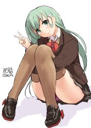 Rule 34 | 1girl, aqua eyes, aqua hair, artist name, ascot, black footwear, blazer, brown jacket, brown skirt, brown thighhighs, cardigan, dated, hair ornament, hairclip, highres, jacket, kantai collection, legs together, long hair, long sleeves, looking at viewer, mary janes, neckerchief, open cardigan, open clothes, owa (ishtail), pleated skirt, school uniform, shoes, simple background, skirt, smile, solo, suzuya (kancolle), suzuya kai ni (kancolle), thighhighs, v