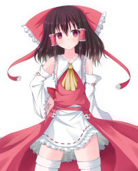 Rule 34 | 1girl, absurdres, blush, bow, brown hair, collarbone, curiosities of lotus asia, detached sleeves, female focus, hair bow, hair tubes, hakurei reimu, highres, japanese clothes, long hair, miko, miniskirt, nicoby, red eyes, simple background, skirt, solo, thighhighs, touhou, zettai ryouiki