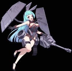 Rule 34 | 1girl, aliasing, animal ears, blue hair, breasts, cannon, cleavage, detached collar, fake animal ears, full body, gloves, large breasts, leotard, long hair, looking at viewer, mecha musume, necktie, official art, open mouth, panzer waltz, personification, playboy bunny, rabbit ears, red eyes, smile, solo, stug iii ausf f (panzer waltz), tama (tamatamo), thigh strap, thighhighs, thighs, transparent background, white background