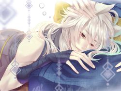 Rule 34 | 10s, animal ears, bad id, bad pixiv id, fox ears, hand on another&#039;s head, head out of frame, japanese clothes, kogitsunemaru, lap pillow, long hair, male focus, nipponia nippon, parted lips, red eyes, sleeveless, solo focus, touken ranbu