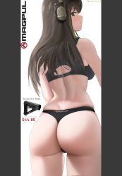 Rule 34 | 1girl, ass, ass focus, bare shoulders, black bra, bra, brown eyes, brown hair, closed mouth, commentary, cowboy shot, dgkamikaze, dollar sign, english commentary, expressionless, from behind, girls&#039; frontline, green hair, grey background, headphones, highres, long hair, looking at viewer, looking back, m4a1 (girls&#039; frontline), magpul, multicolored hair, price, simple background, solo, stock (firearm), streaked hair, thong, twitter username, two-tone background, underwear, white background