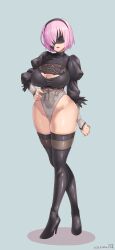 Rule 34 | 1girl, 2b (nier:automata), 2b (nier:automata) (cosplay), absurdres, black blindfold, black footwear, black hairband, black leotard, blindfold, boots, breasts, cleavage, cleavage cutout, clothing cutout, commentary request, cosplay, covered eyes, covered navel, curvy, dated, fate/grand order, fate (series), feather-trimmed sleeves, fingernails, full body, grey background, groin, guriguri (arayotto4351), hair over one eye, hairband, hand on own hip, high heel boots, high heels, highleg, highleg leotard, highres, huge breasts, leather, leather boots, leotard, lips, long sleeves, mash kyrielight, medium hair, nier:automata, nier (series), open mouth, pink hair, shiny skin, signature, simple background, smile, solo, standing, thick thighs, thigh boots, thighs, thong leotard, vambraces, white leotard, wide hips