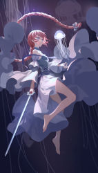 Rule 34 | 1girl, absurdly long hair, bare shoulders, barefoot, blue eyes, bow, braid, braided ponytail, breasts, detached sleeves, dress, full body, hair bow, highres, holding, holding sword, holding weapon, jellyfish, long hair, original, pink hair, small breasts, solo, sword, tsuki-shigure, very long hair, weapon, white dress, wide sleeves