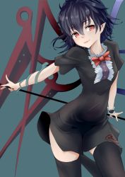 Rule 34 | 1girl, asymmetrical wings, black dress, black hair, black thighhighs, blue wings, bow, bowtie, buttons, center frills, closed mouth, commentary, cowboy shot, dress, frills, green background, holding, holding weapon, houjuu nue, ishikkoro, looking at viewer, nue, pointy ears, polearm, red bow, red bowtie, red eyes, red wings, short dress, short hair, short sleeves, smile, snake, solo, standing, standing on one leg, thighhighs, touhou, trident, weapon, wings, wristband
