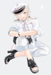 Rule 34 | 1boy, :d, anchor symbol, black footwear, black gloves, blonde hair, blue eyes, bracelet, capelet, earrings, full body, gem (symbol), gloves, grey background, grey nails, hair ornament, hair over one eye, half gloves, hat, high heels, highres, holostars, jacket, jewelry, knee up, looking at viewer, male focus, medium hair, mioto (tsubsq m), multicolored hair, nail polish, official alternate costume, on ground, open mouth, pants, peaked cap, pink hair, purple hair, sailor, shirt, short sleeves, simple background, sitting, smile, solo, streaked hair, teeth, toeless footwear, toenail polish, toenails, upper teeth only, utsugi uyu, virtual youtuber, white capelet, white hat, white jacket, white pants, white shirt, x hair ornament