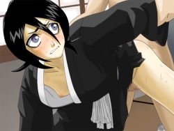 Rule 34 | 1girl, arm grab, bent over, black hair, bleach, blush, breasts, censored, doggystyle, flat chest, game cg, grey eyes, japanese clothes, kuchiki rukia, looking back, maten, nipples, no bra, open clothes, sex, sex from behind, solo, sweat, vaginal
