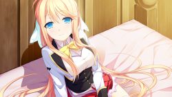 Rule 34 | 1girl, bed, blonde hair, blue eyes, blush, bow, bowtie, breasts, donuthouse, female focus, furoura aruse noriumu neon, game cg, hair ribbon, large breasts, legs, long hair, looking at viewer, mayachi (amuriya), ribbon, school uniform, shadow, sitting, skirt, smile, solo, thighs, valkyrie runabout!