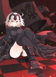 Rule 34 | 1girl, ahoge, armor, armored boots, armored dress, ass, banner, black armor, black background, black cape, black capelet, black dress, black footwear, black panties, black thighhighs, boots, breasts, cape, capelet, checkered floor, commentary request, crossed legs, dress, fate/grand order, fate (series), floating hair, foreshortening, fur-trimmed cape, fur trim, hair between eyes, headpiece, high heel boots, high heels, jeanne d&#039;arc (fate), jeanne d&#039;arc alter (avenger) (fate), jeanne d&#039;arc alter (avenger) (first ascension) (fate), jeanne d&#039;arc alter (fate), large breasts, light particles, long sleeves, looking at viewer, medium hair, nejikirio, on floor, pale skin, panties, pantyshot, parted lips, plackart, sitting, solo, thighhighs, torn cape, torn clothes, underwear, v-shaped eyebrows, vambraces, white hair, wind, yellow eyes