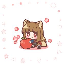 Rule 34 | 1girl, :3, animal ears, apple, black skirt, blunt bangs, bright pupils, brown hair, chibi, closed mouth, commentary request, fang, food, fruit, happy, highres, holding, holding food, holding fruit, holo, long hair, looking at viewer, mitarashi neko, notice lines, red eyes, simple background, sitting, skirt, smile, solo, spice and wolf, star (symbol), tail, transparent background, white pupils, wolf ears, wolf girl, wolf tail