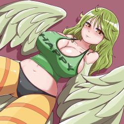 Rule 34 | 1girl, absurdres, bad id, bad pixiv id, black panties, blush, breasts, cleavage, clothes writing, commentary request, covered erect nipples, feathered wings, feathers, green feathers, green hair, green tank top, harpy, highres, kaikon shokubutsu, large breasts, long hair, looking at viewer, midriff, monet (one piece), monster girl, navel, one piece, panties, pantyhose, red background, solo, striped clothes, striped pantyhose, tank top, underwear, winged arms, wings, yellow eyes