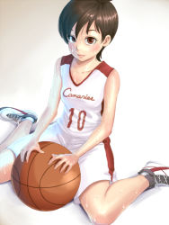 Rule 34 | 1girl, ball, basketball, basketball (object), basketball uniform, breasts, brown eyes, brown hair, collarbone, eply, eyebrows, eyelashes, jersey, original, shoes, short hair, shorts, sitting, small breasts, smile, sneakers, solo, sportswear, sweat, wariza