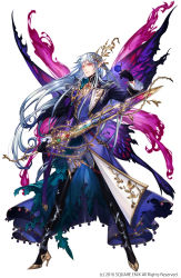 Rule 34 | 1boy,  chaos oberon (grimms notes), blue flower, blue hair, blue rose, butterfly wings, copyright notice, flower, full body, gloves, grimms notes, holding, holding weapon, insect wings, jewelry, kyouka hatori, long hair, male focus, official art, open mouth, pointy ears, red eyes, rose, simple background, solo, sword, torn clothes, weapon, white background, wings